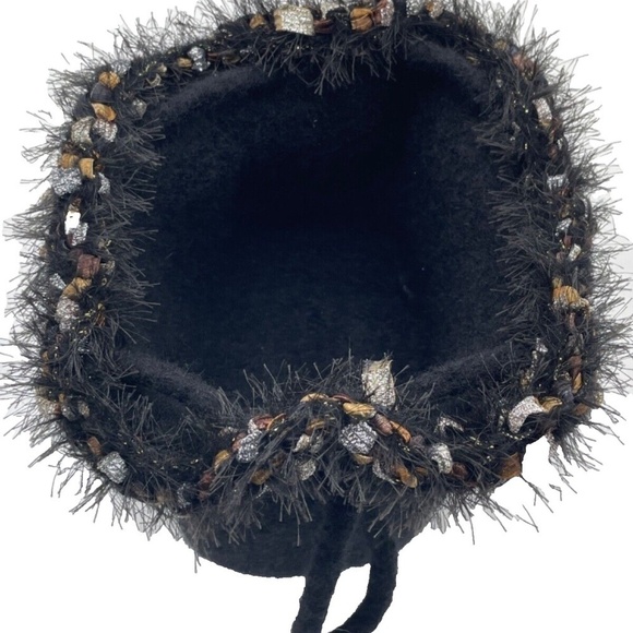 Vintage Convertible Wool Drawstring Purse Black with Metallic Accents and Beads - Picture 9 of 9